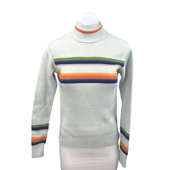 Free People Lyon White Multicolor Striped Turtleneck Long Sleeve Sweater Top XS - Picture 1 of 3